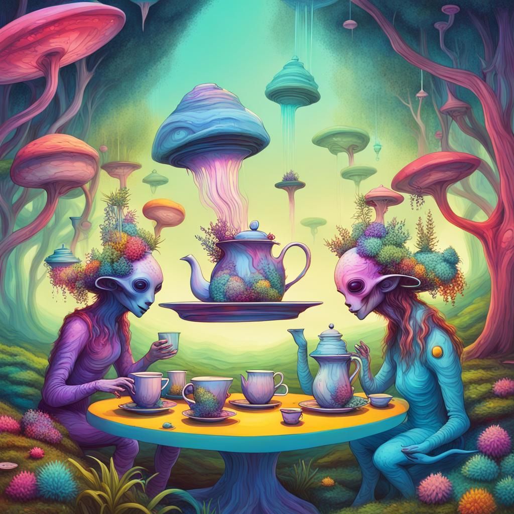 Alien Tea Party in a Floating Forest: Digital Art