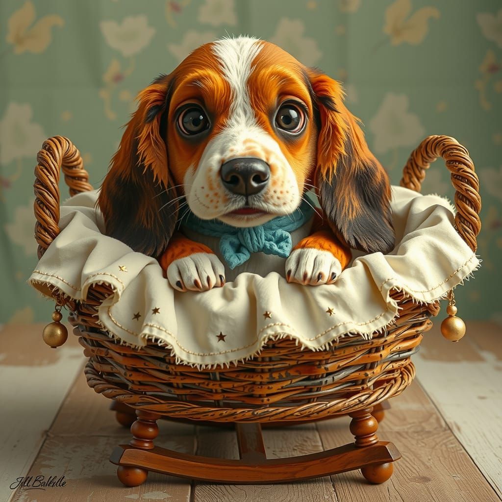 Basset Hound Baby in Bassinet: Arthur Rackham Style