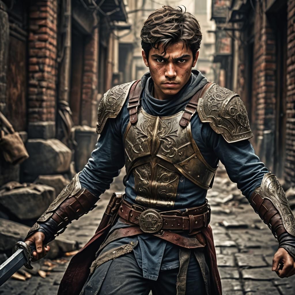 Young Hero Ready for Battle: Hyperrealistic Render