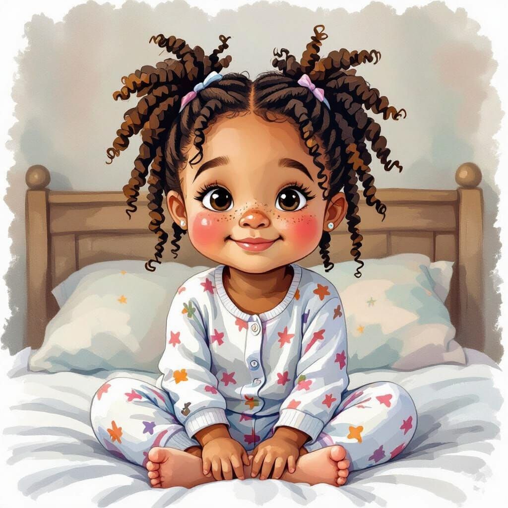 Chubby Girl in Pajamas, Watercolor Portrait