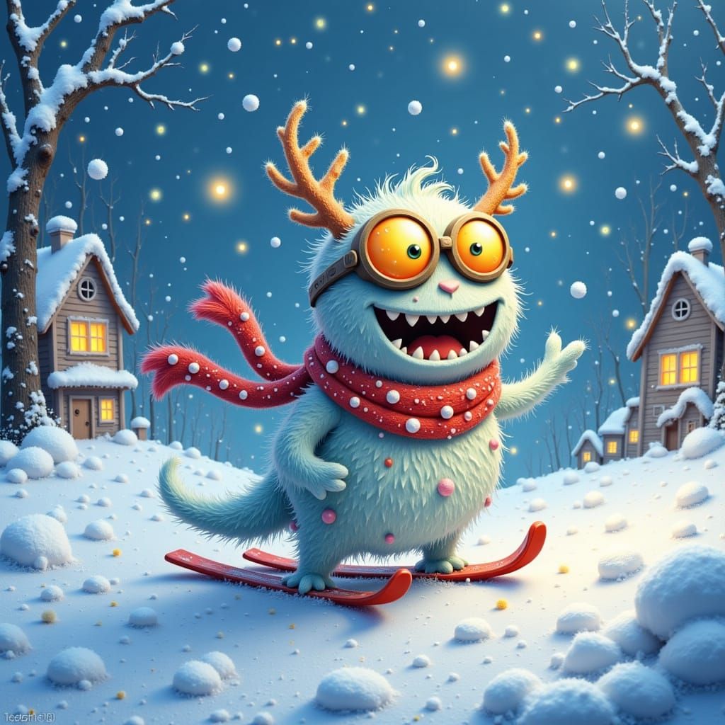 Friendly Monster Skiing Down Snowy Hill With Christmas Light...