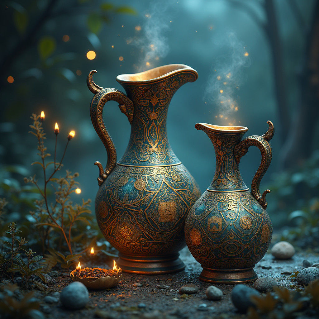 Mystical Jugs with Runes in Fantasy Landscape