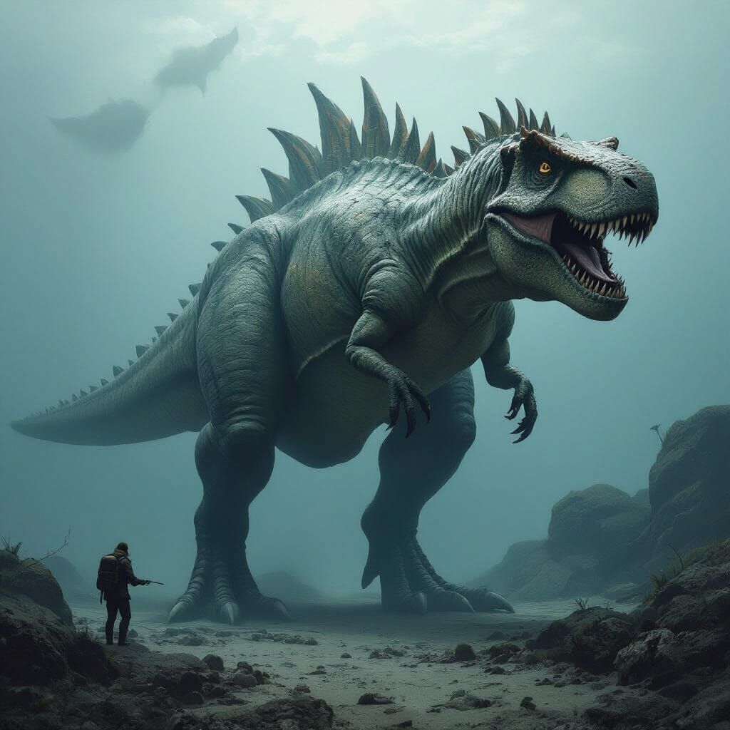 Hybrid Dinosaur Creature in Misty Ocean