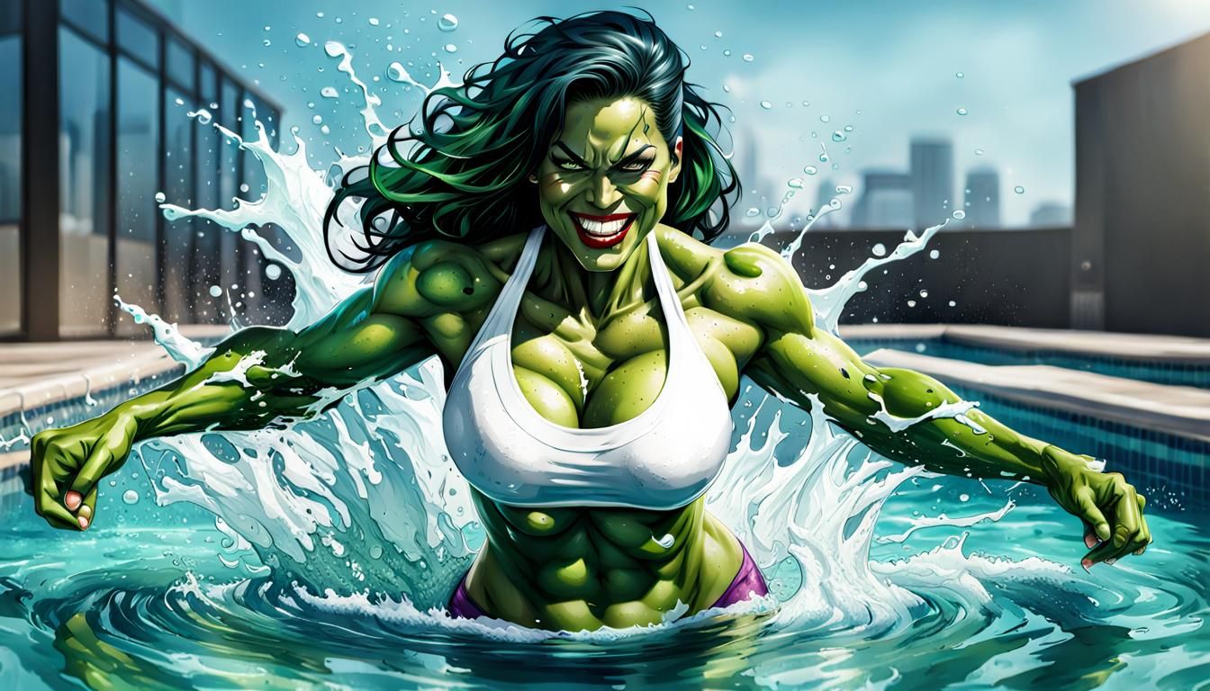 She-Hulk Lounging Poolside: Hyperrealistic Splash Art