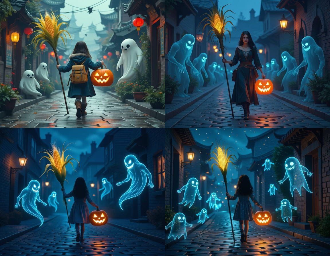 Girl with Corn Staff and Glowing Pumpkin Amidst Monsters