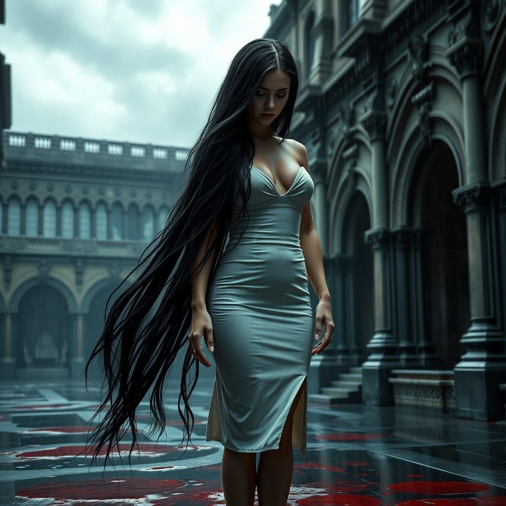 Melancholic Vampire in Rainy Gothic Courtyard