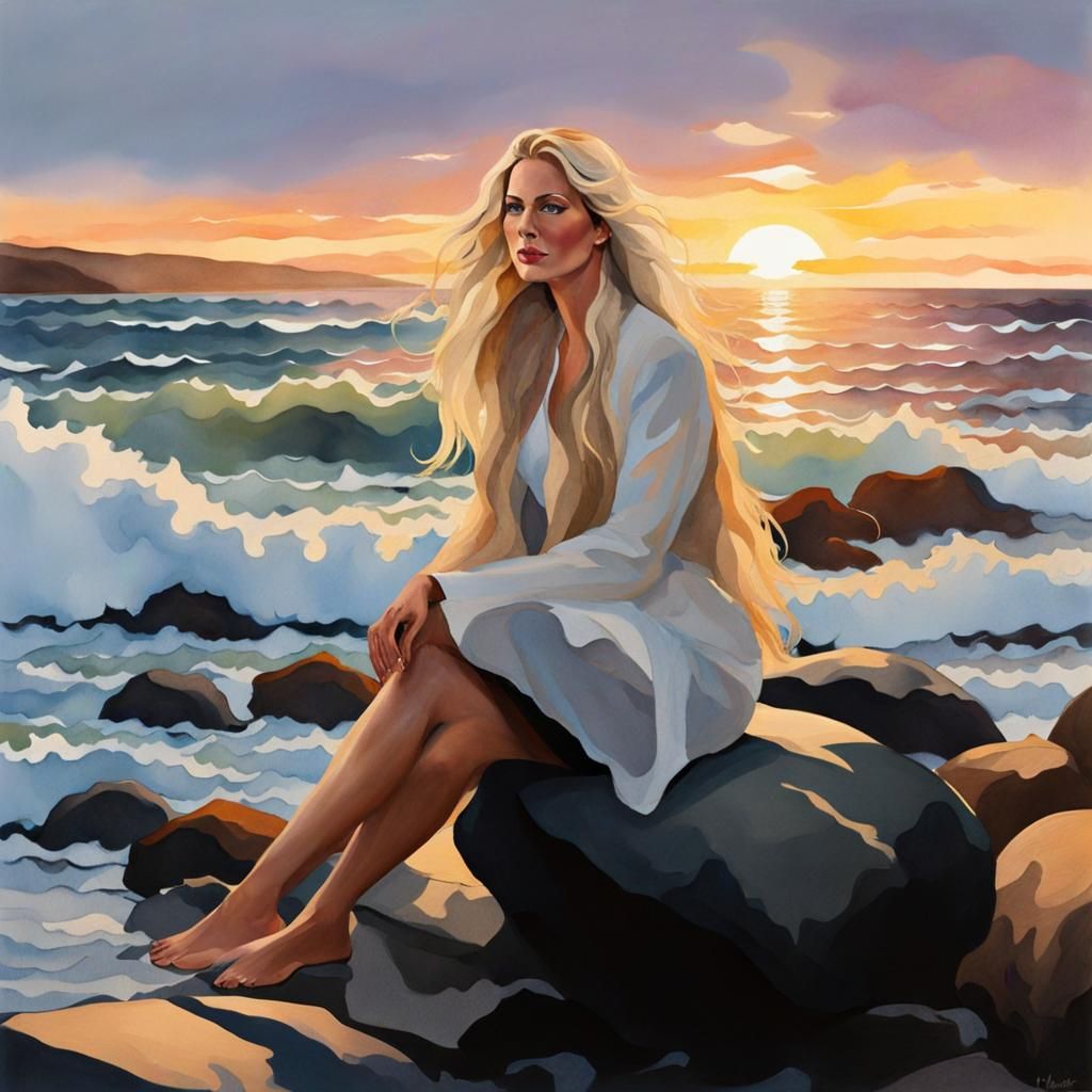 Swedish Woman at Sunset: Watercolor Seascape