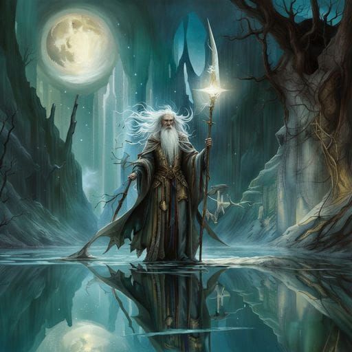 Wizard Splits Lake Under Moonlight, Epic Fantasy Art