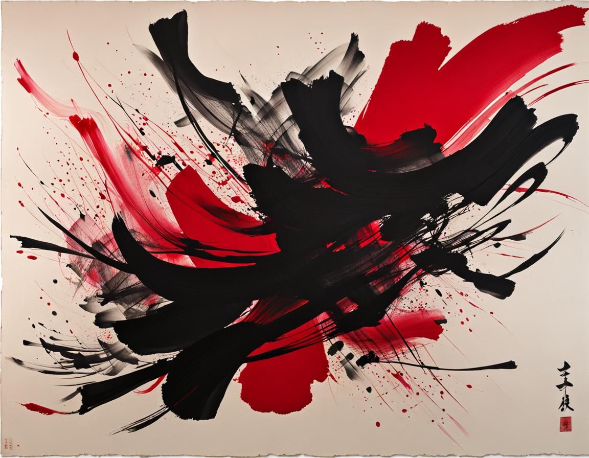Dynamic Chinese Ink Calligraphy in Black and Red