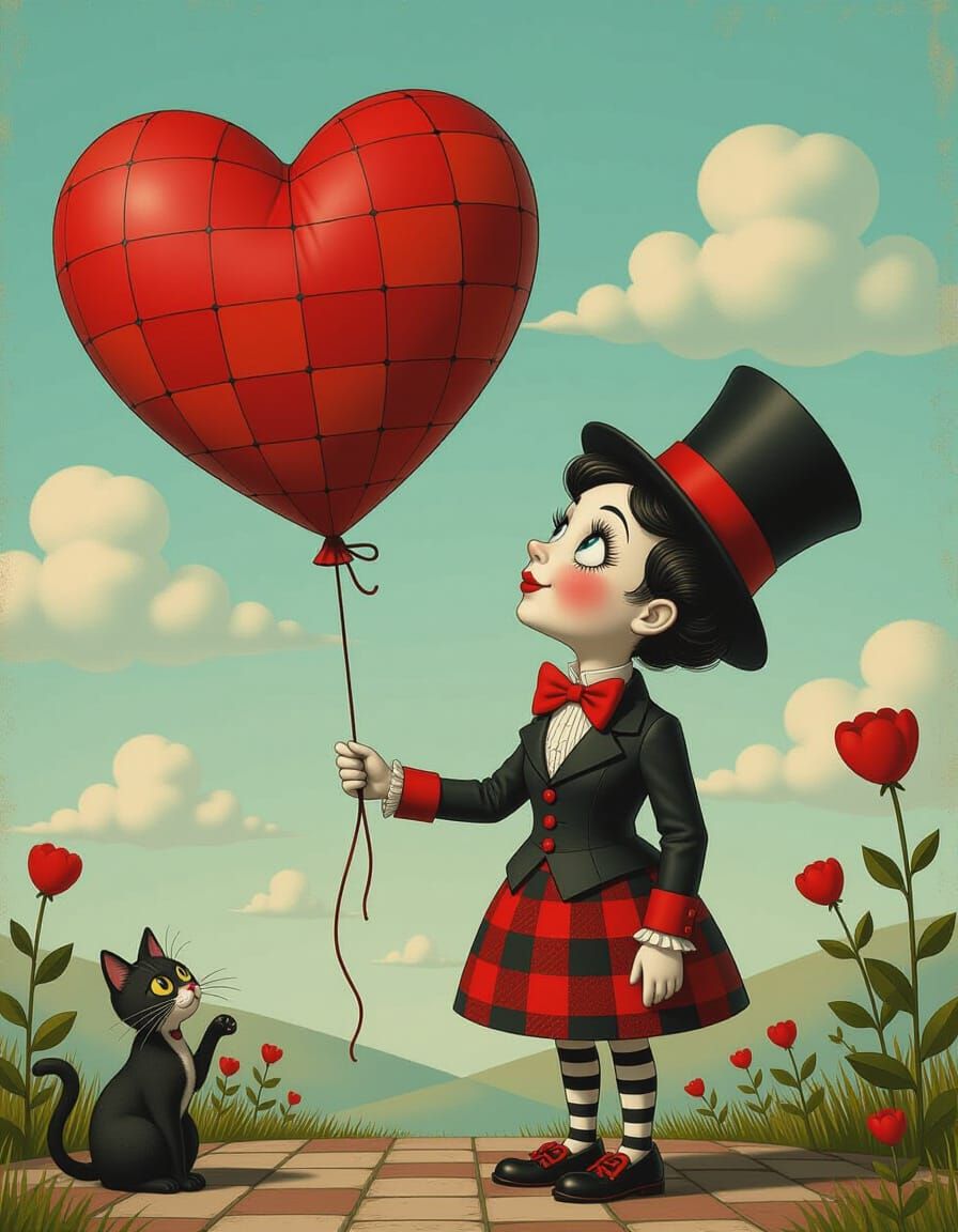 Whimsical Character with Heart Balloon, in Mixed Media Style