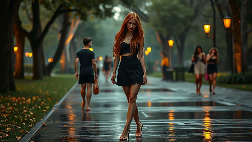 Melancholic Woman Walking in Park Art Nouveau Style