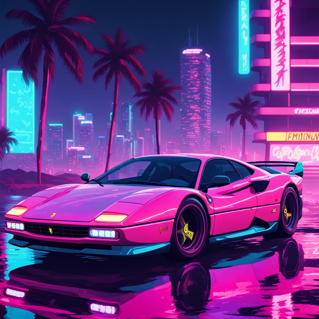 Vaporwave Ferrari Drives Through Neon Miami