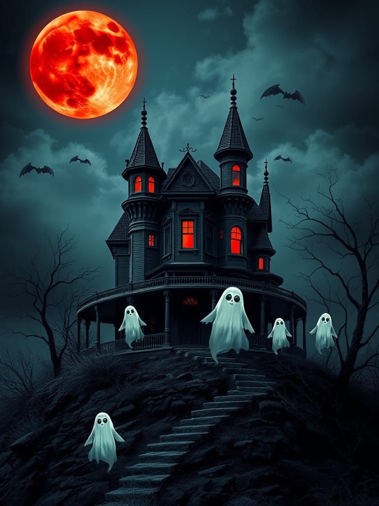 Spooky Victorian Mansion Under Blood Moon with Ghosts