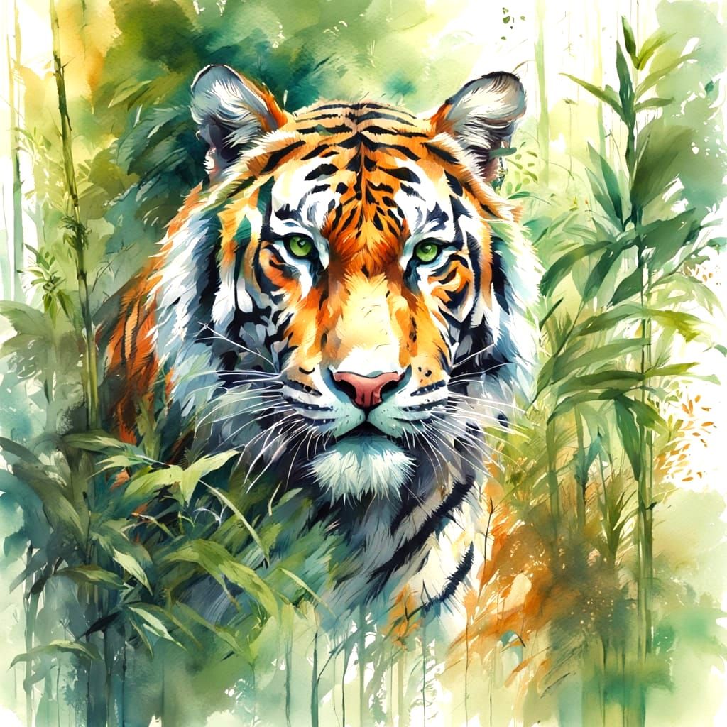 Bengal Tiger in Bamboo Forest, Watercolour Art