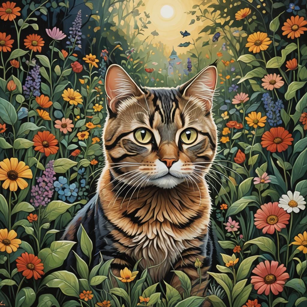 Colorful Cat in Garden, Folk Art Style