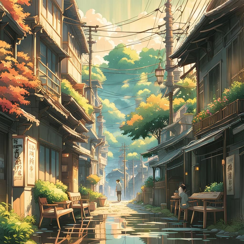 Relaxing Civilians in Studio Ghibli Anime Style