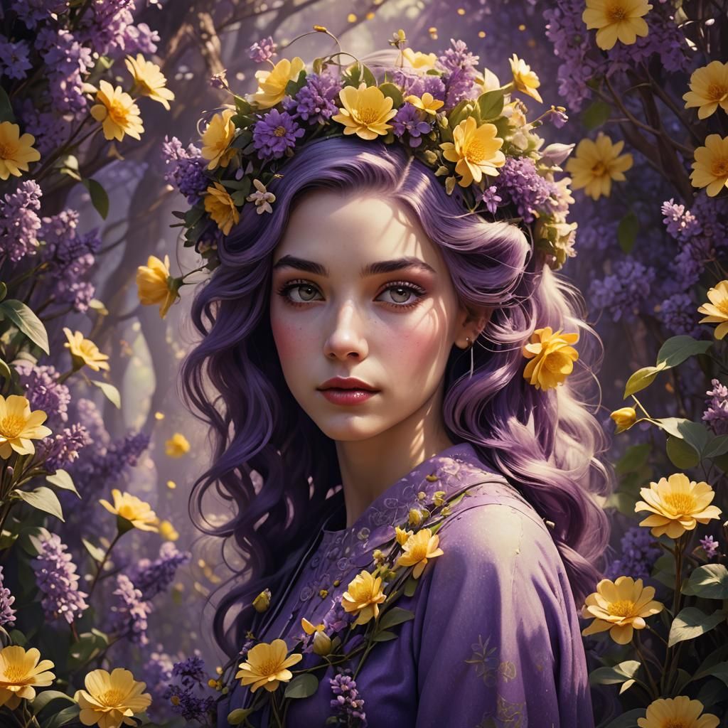 Enchanting 1950s Girl with Flowers, Whimsical Art