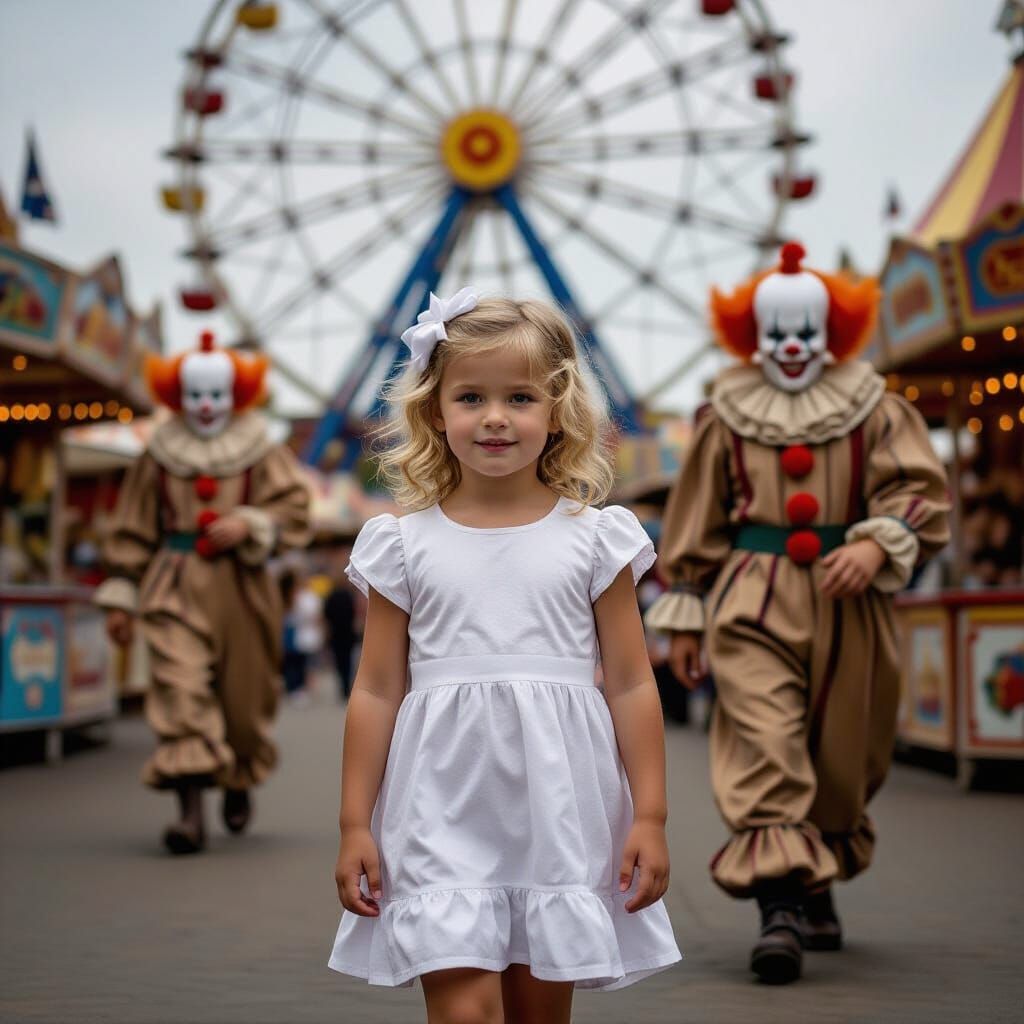 Girl Among Creepy Clowns in Gothic Horror Setting