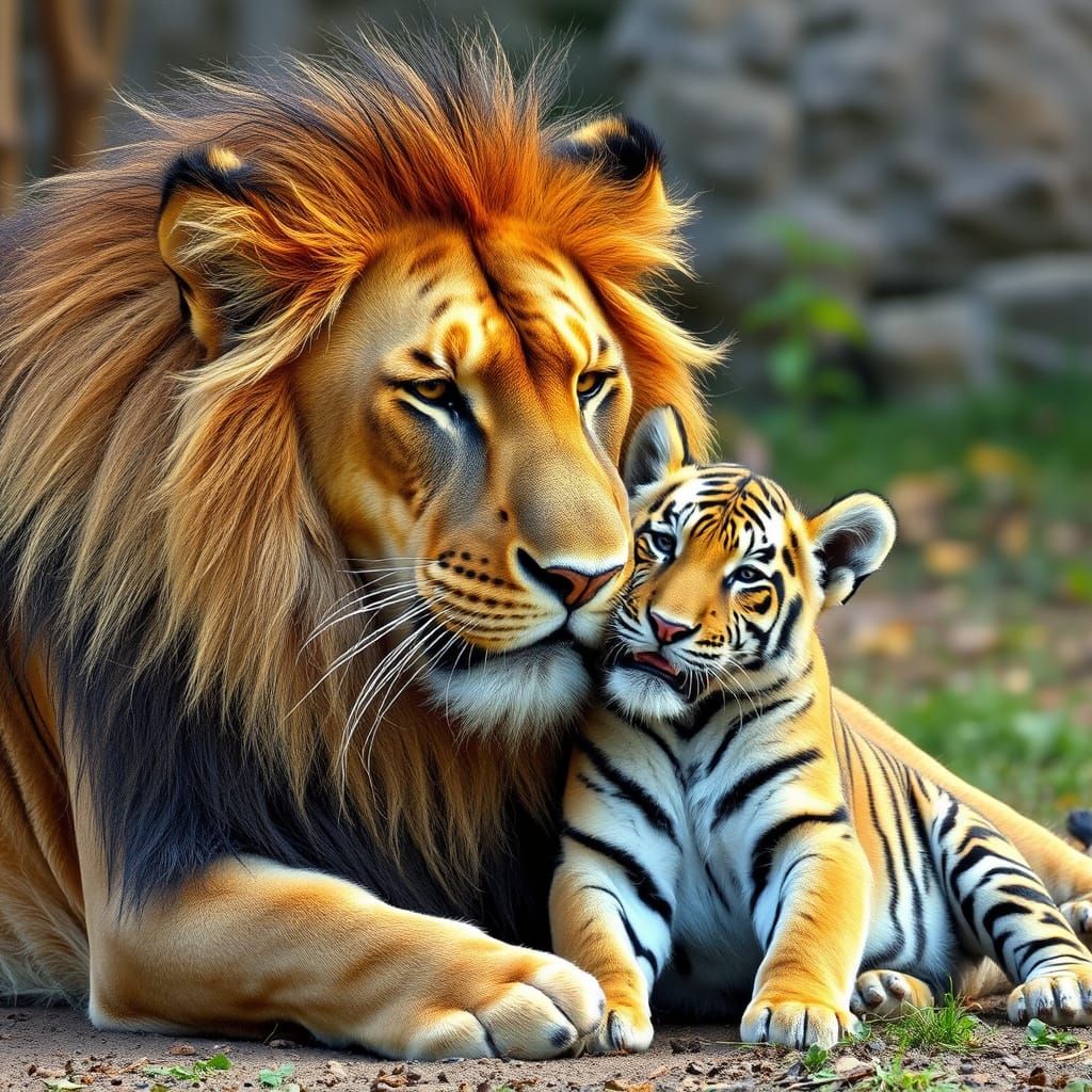 Lion and Tiger Cub Bond in Heartwarming Scene