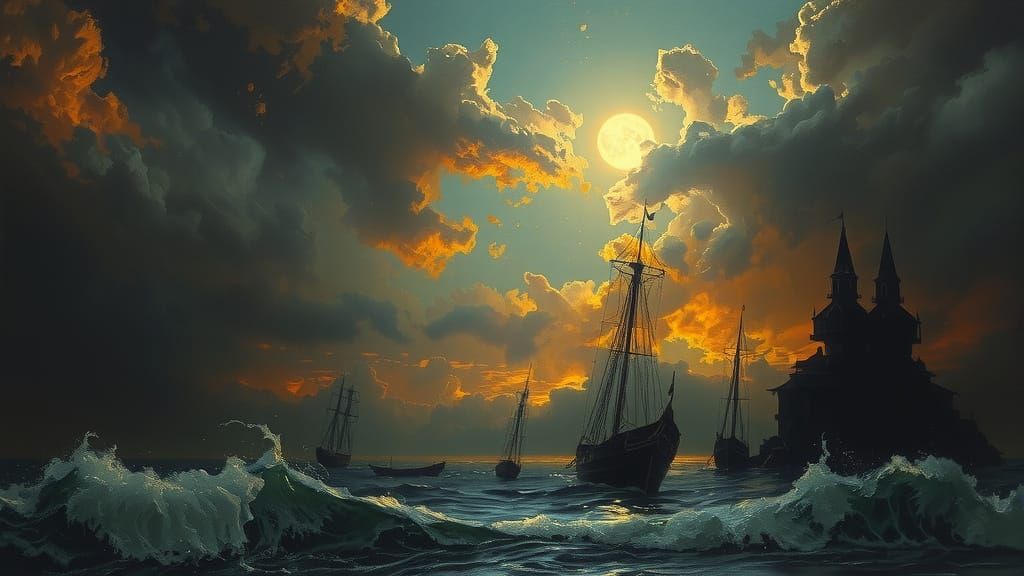 Eerie Summer Night by the Sea in Gothic Horror Style