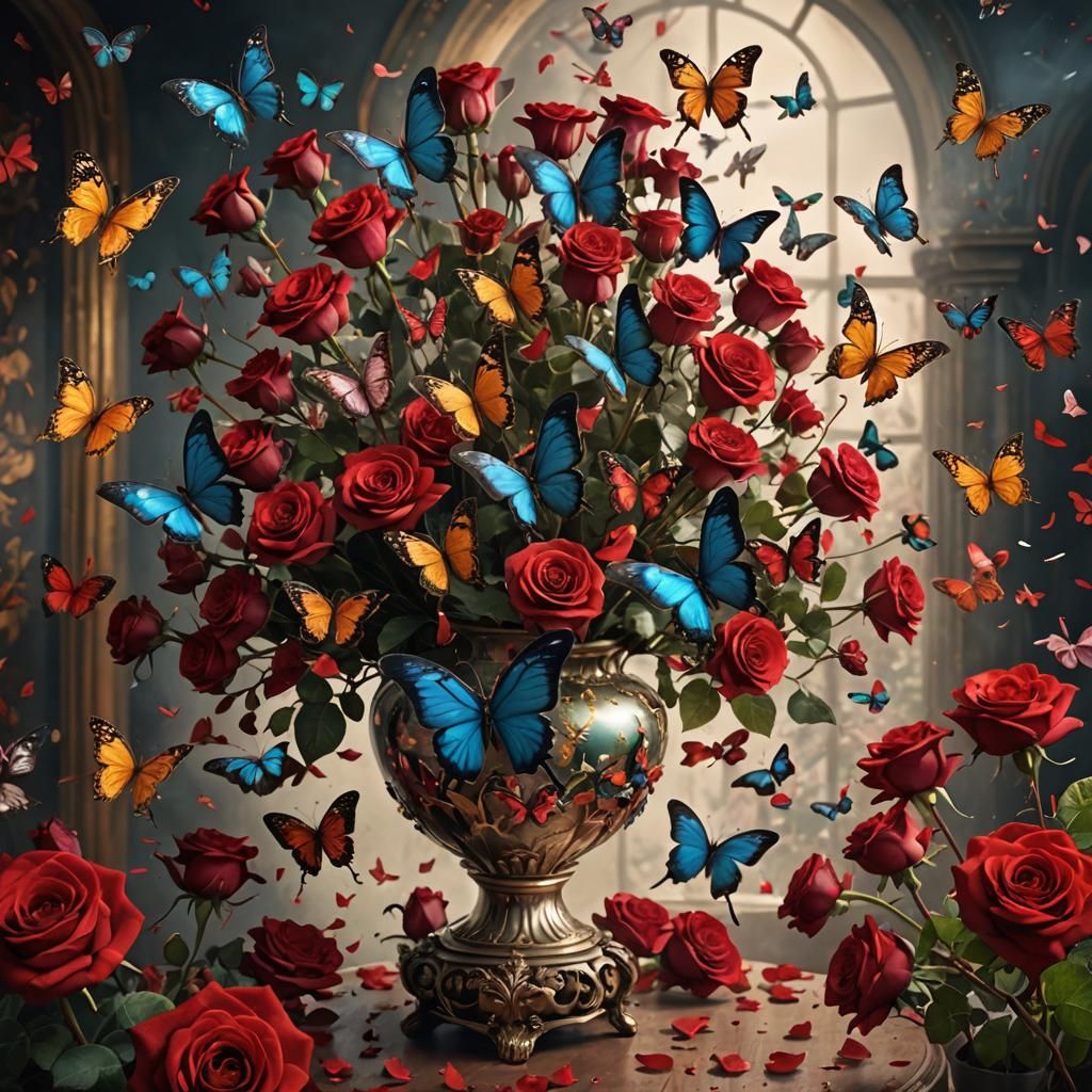 Butterflies Dance Around Red Roses in Digital Painting