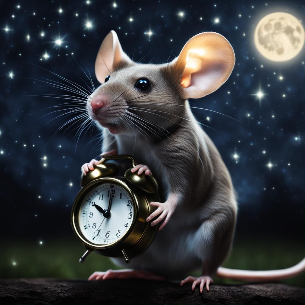Hyperrealistic Mouse Holding Clock Under Starry Sky