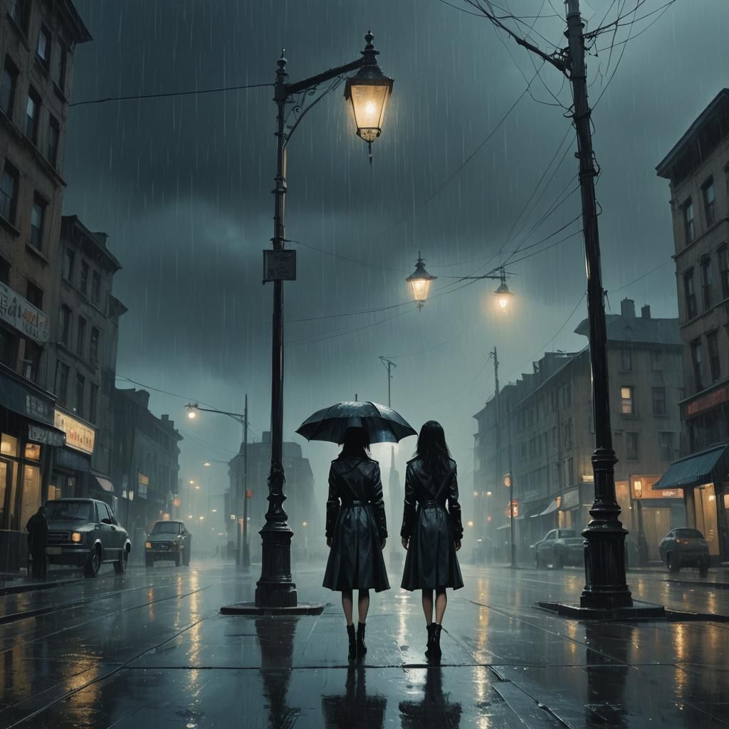 Noir Beauty in Rainy City: Beksiński-Inspired Surrealism