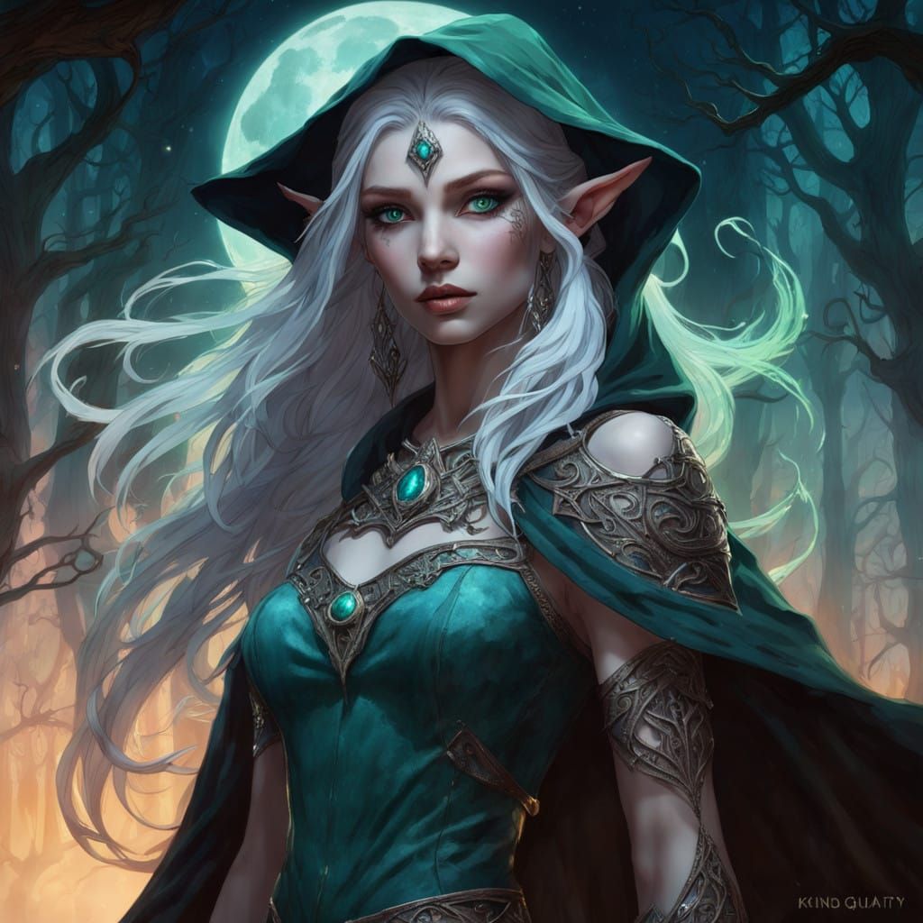 Mystical Elf Sorceress in Moonlit Forest