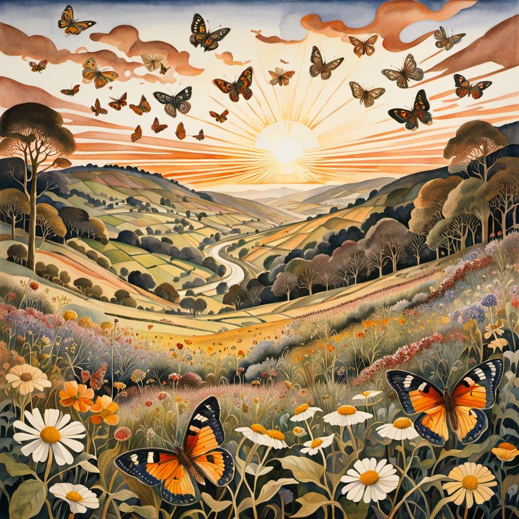 Welsh Valley with Butterflies, Watercolour Painting
