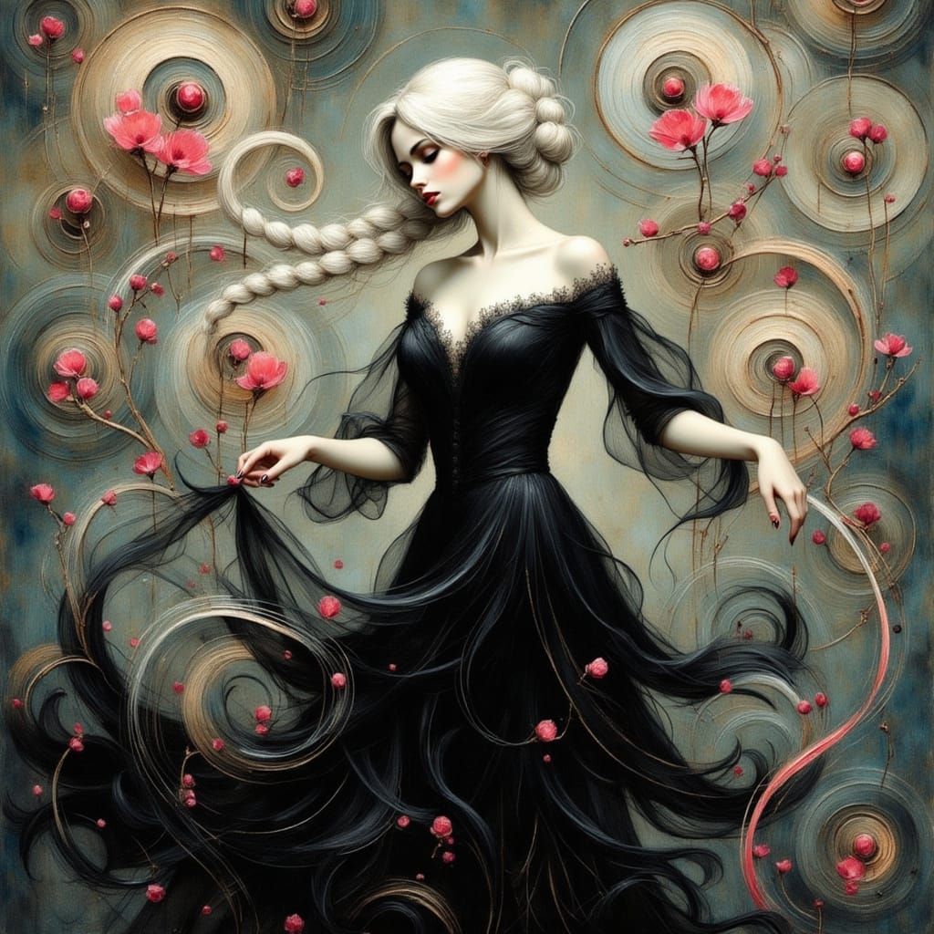 Woman Dancing in Surreal Klimt-Inspired Scene