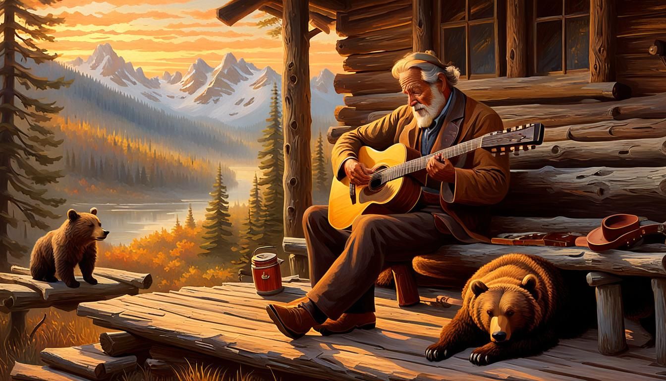 Pioneer Serenade: Impasto Oil Painting with Grizzly Bear