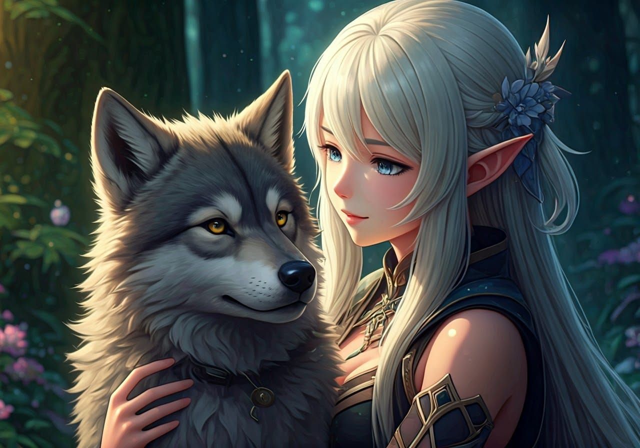Loving Elven Handler and Direwolf Pup in Magical Forest