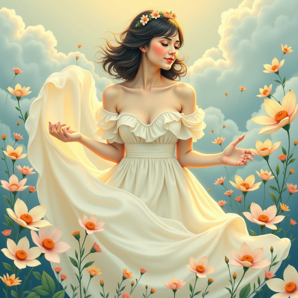 Woman in Dreamy Floral Paradise