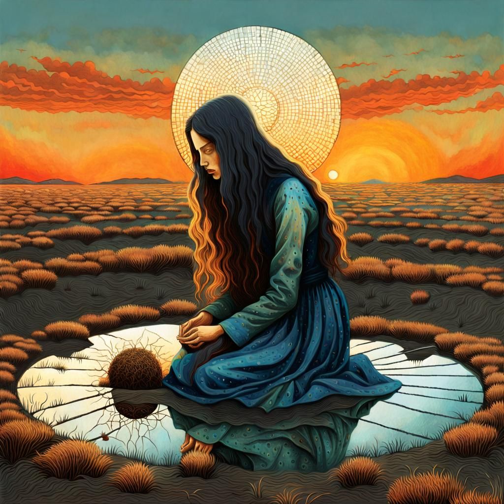 Surreal Sculpture of Woman with Cracked Mirrors