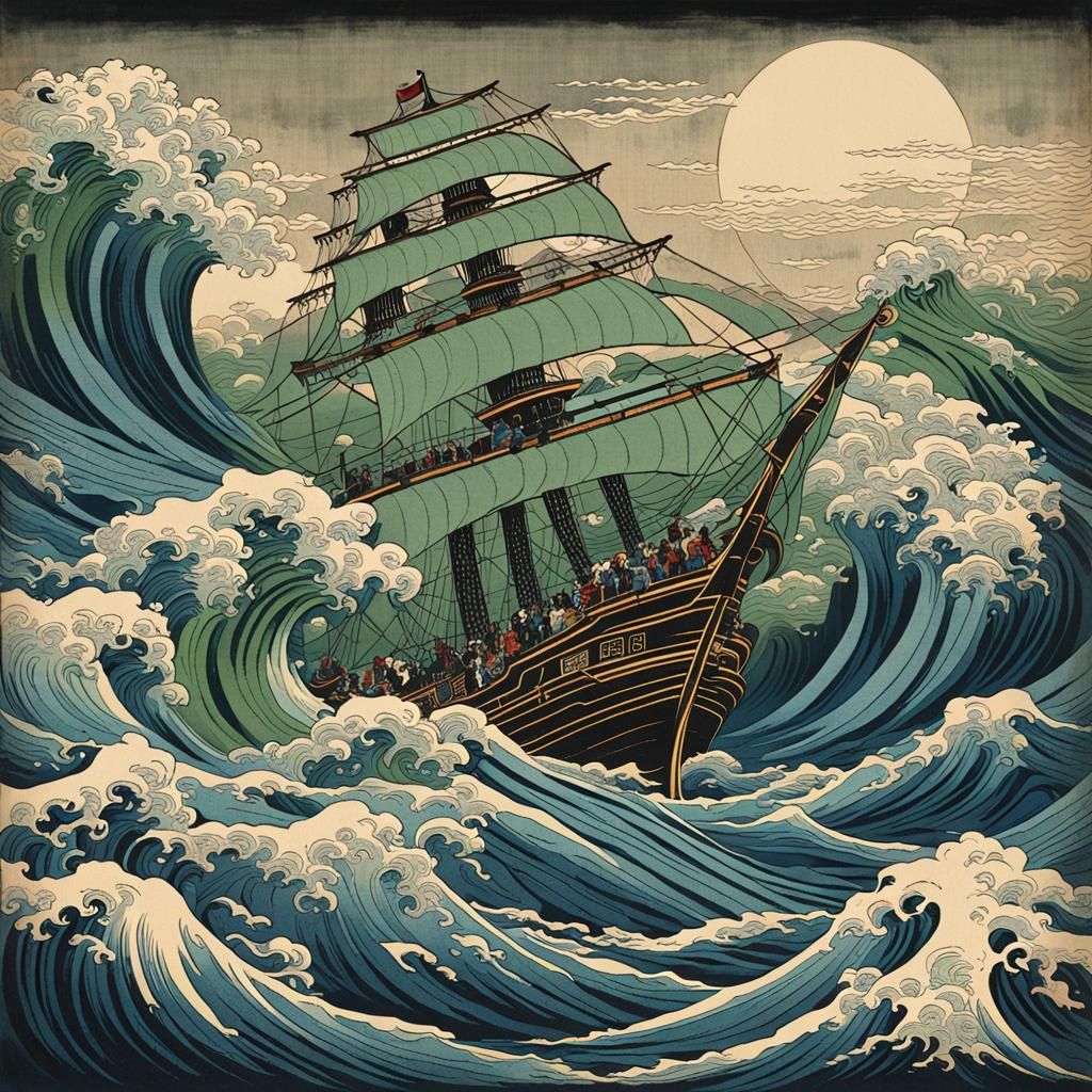 Epic Stormy Sea with Ship: Ukiyo-e Style
