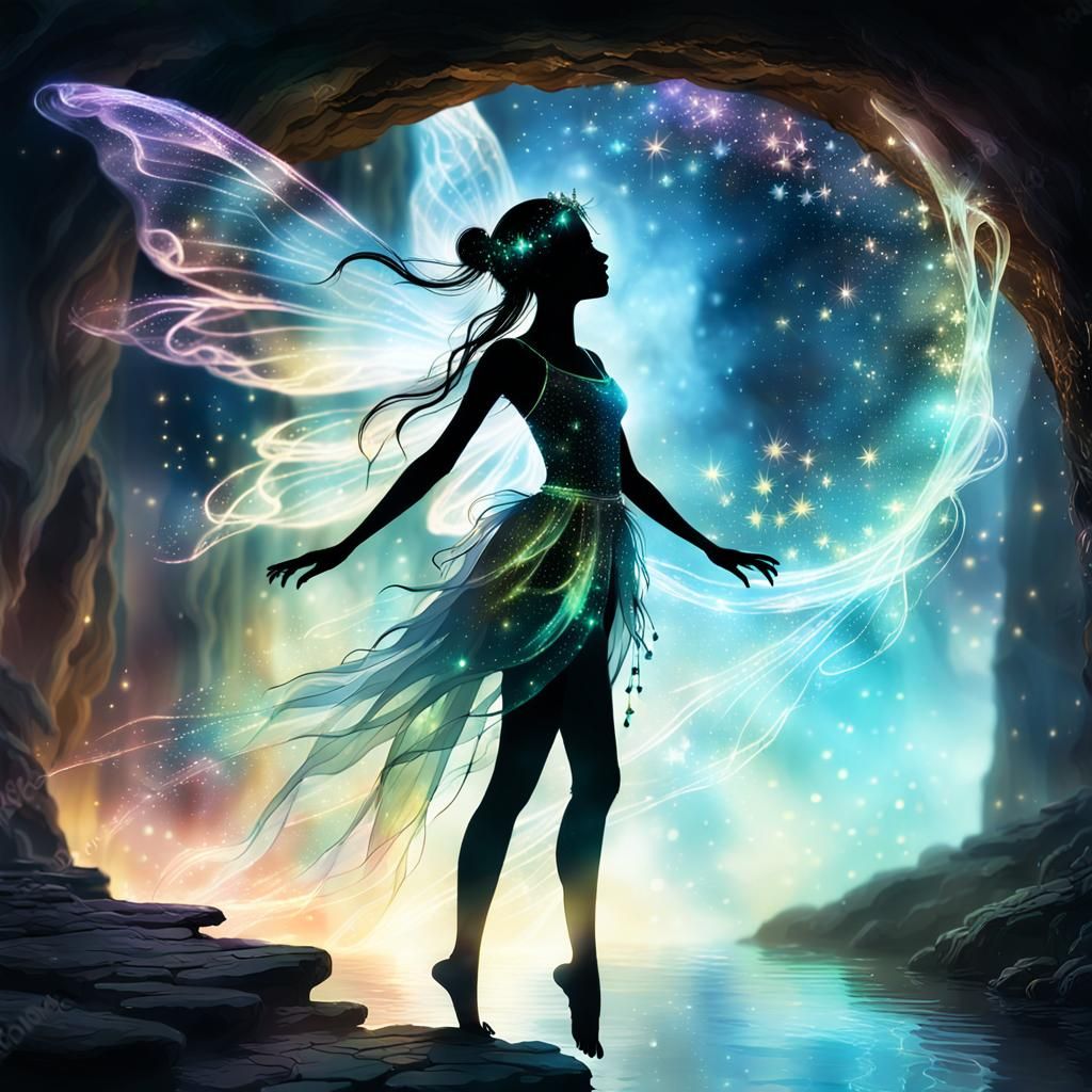 Ethereal Fairy Silhouette Bridging Chasm in Fantasy Art