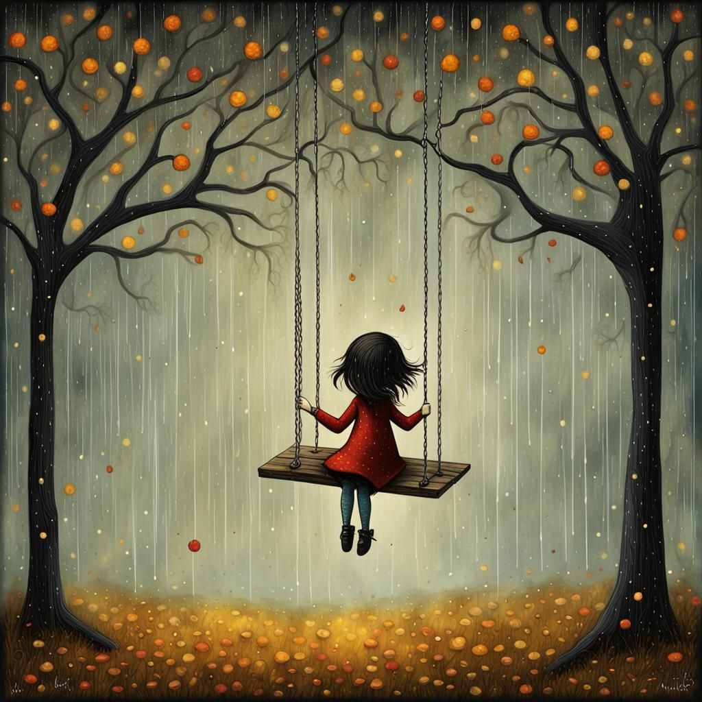 Girl on Swing in Rain: Pop Surrealist Illustration