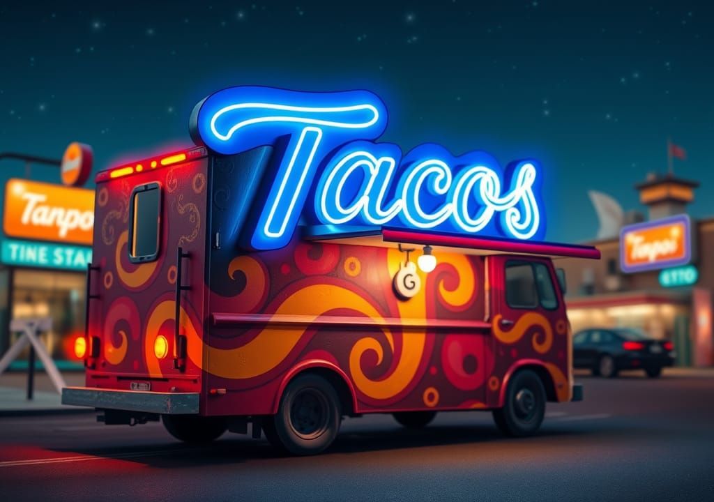 Epic taco truck with a neon taco sign