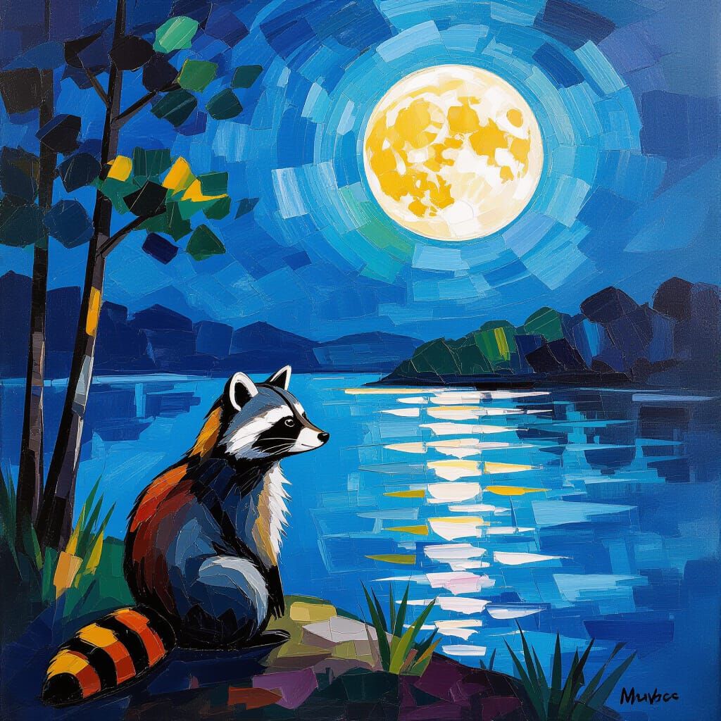 Raccoon by Moonlit River in Watercolor and Oil Style