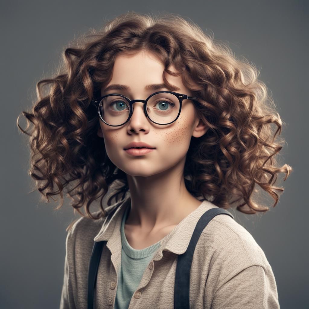 Thoughtful Girl with Voluminous Hair in Detailed Matte Paint...