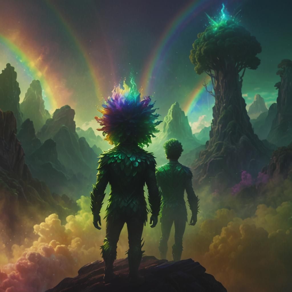 Emerald Man in Rainbow World: Fantasy Illustration