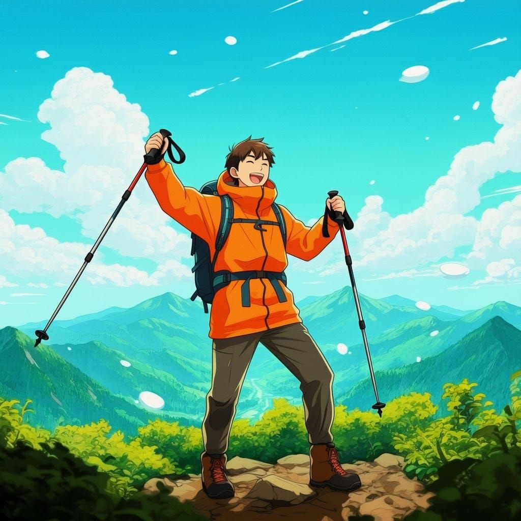 Anime-Style Hiker at Mountain Summit in Comic Art