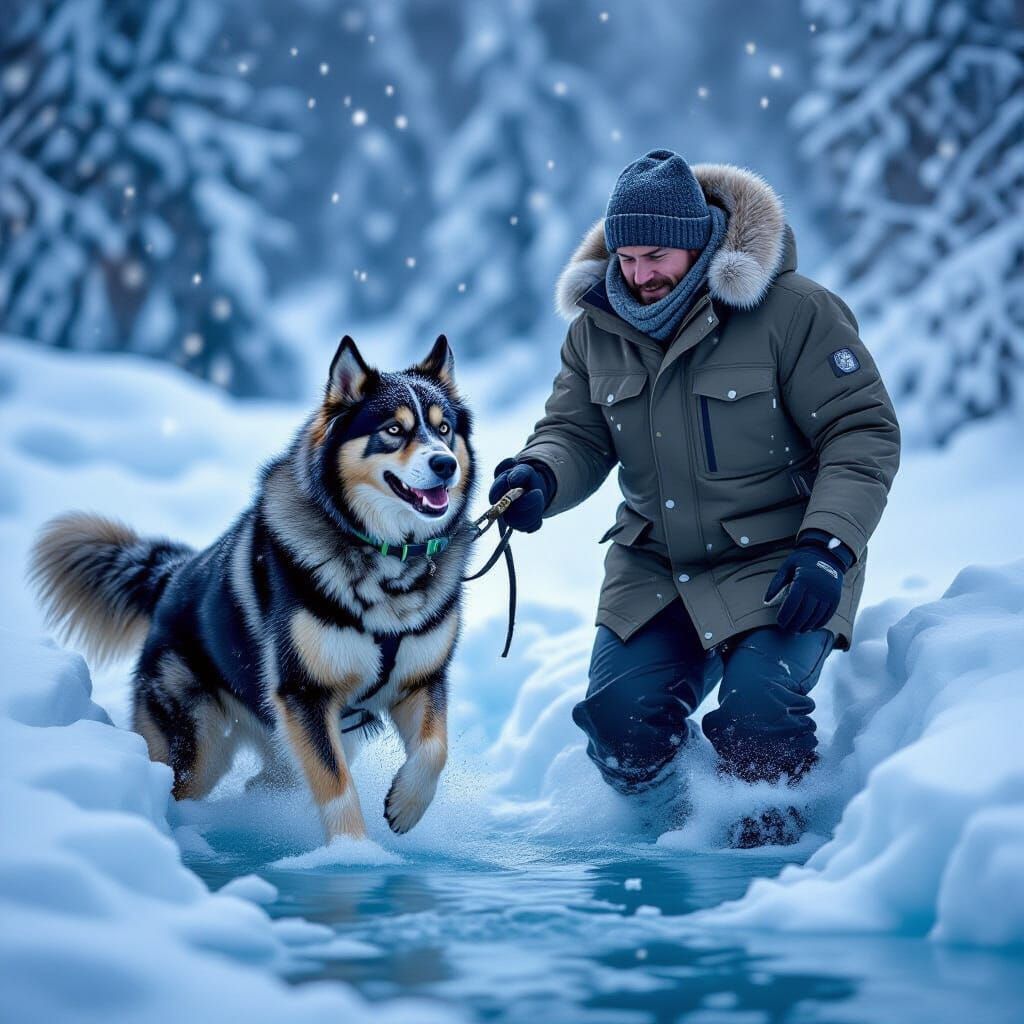 Loyal Dog Rescues Owner From Ice Hole in Winter Landscape