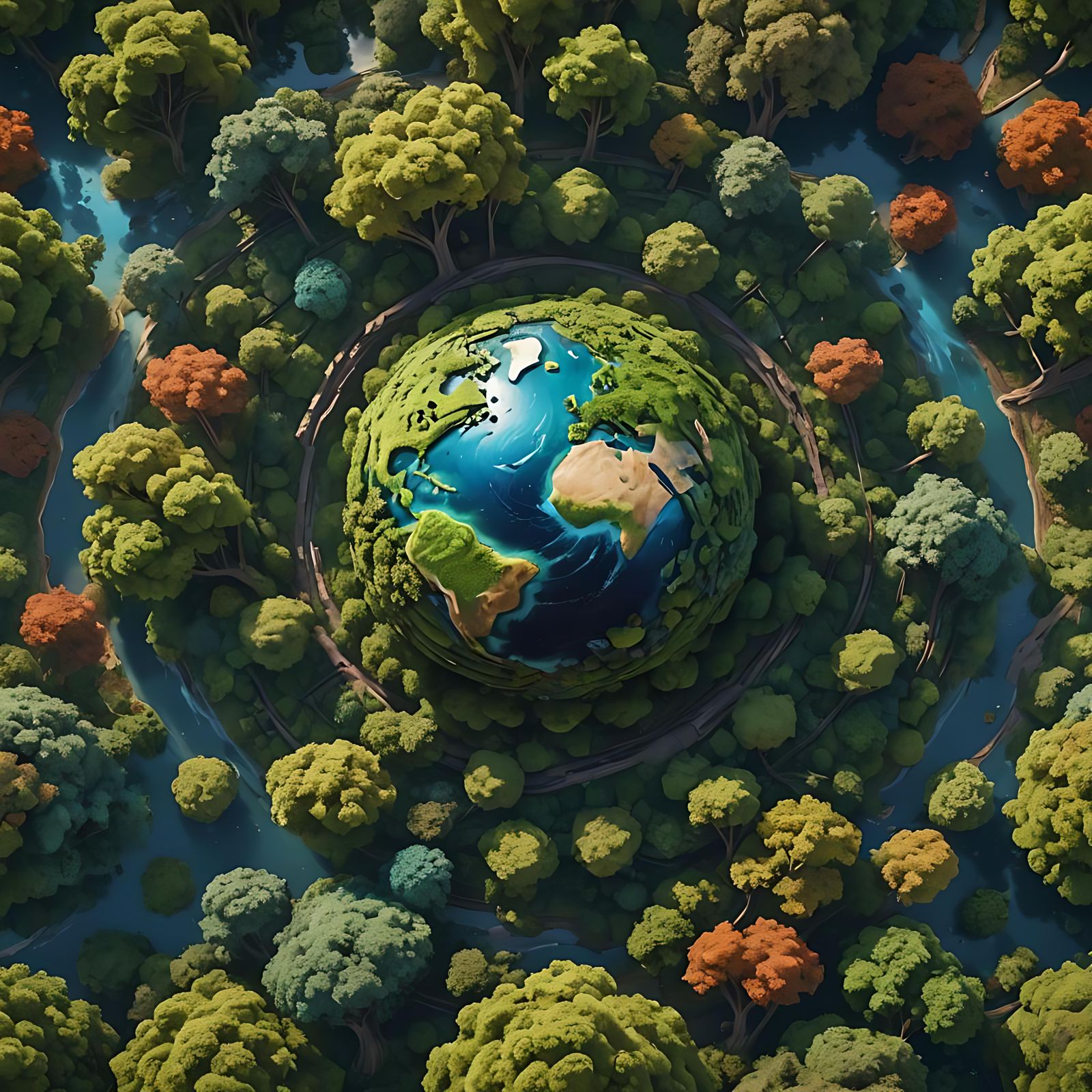 Earth Surrounded by Trees in Impressionist 3D Rendering