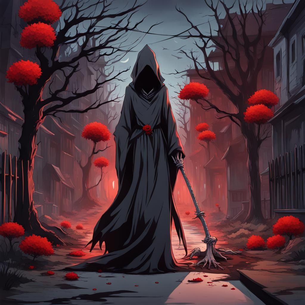 Anime Grim Reaper in Haunted Street