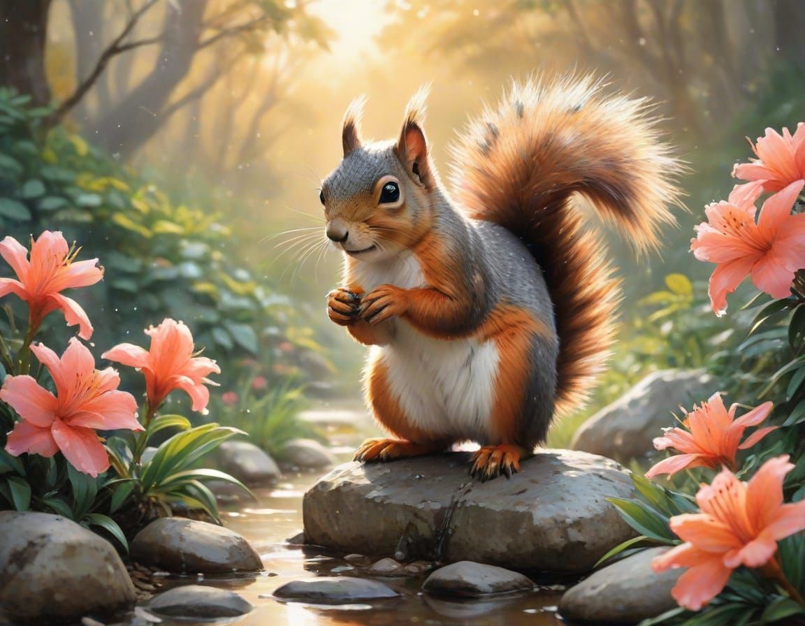 Squirrel Leaps at Sunset: Watercolor Garden Scene