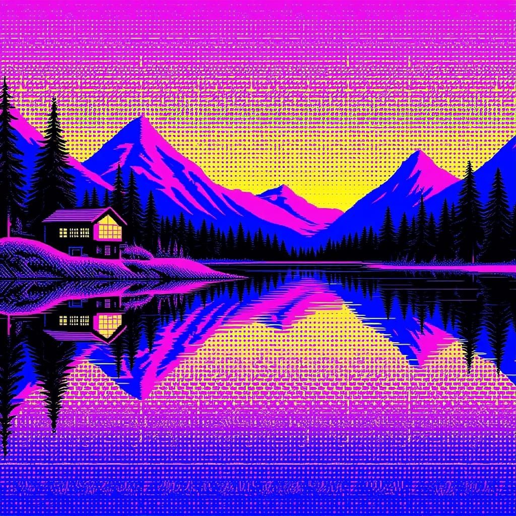 Vibrant Mountain Lake Chalet with Electric Pop Art Revelatio...