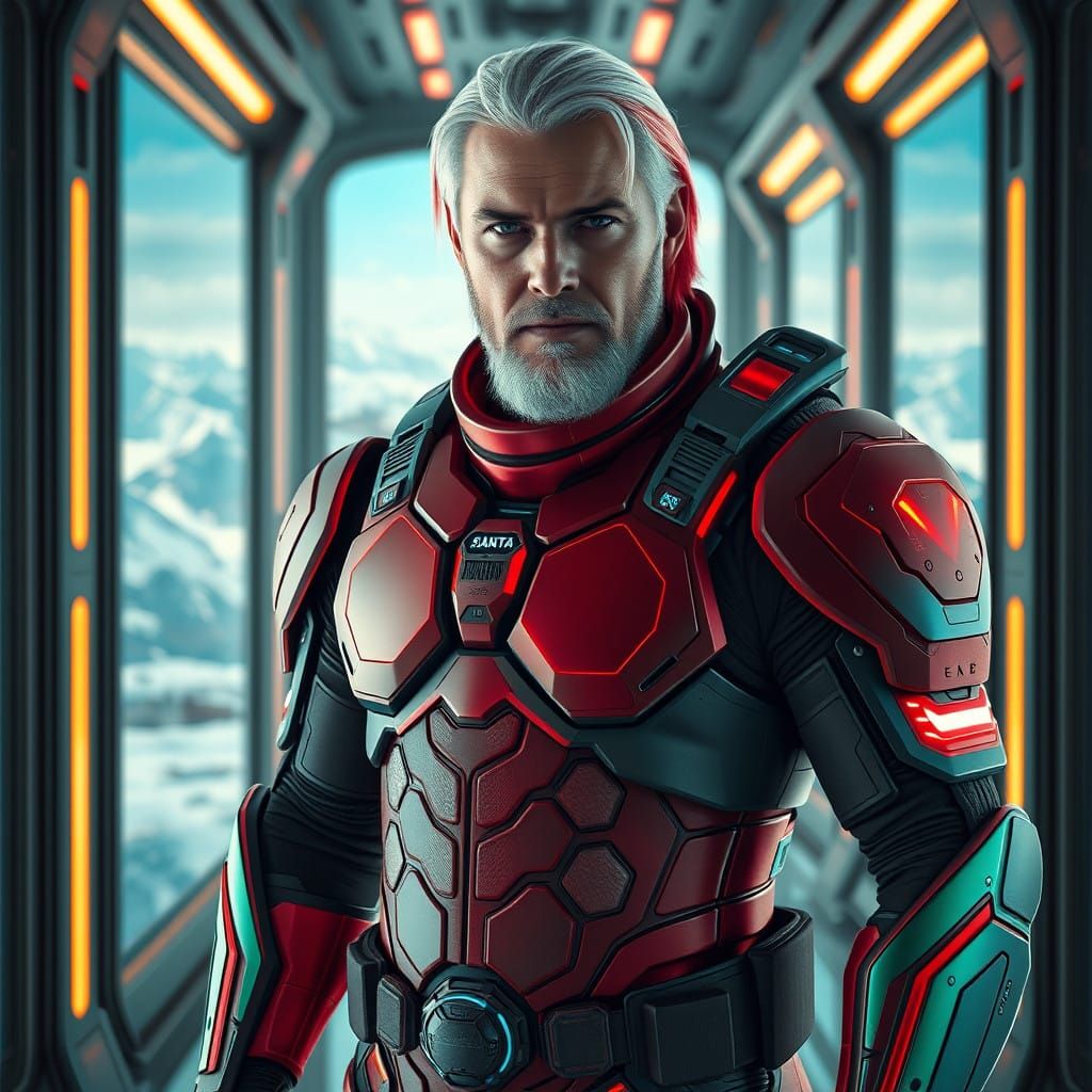 Confident Sci-Fi Hero in High-Tech Exosuit, Standing Among C...