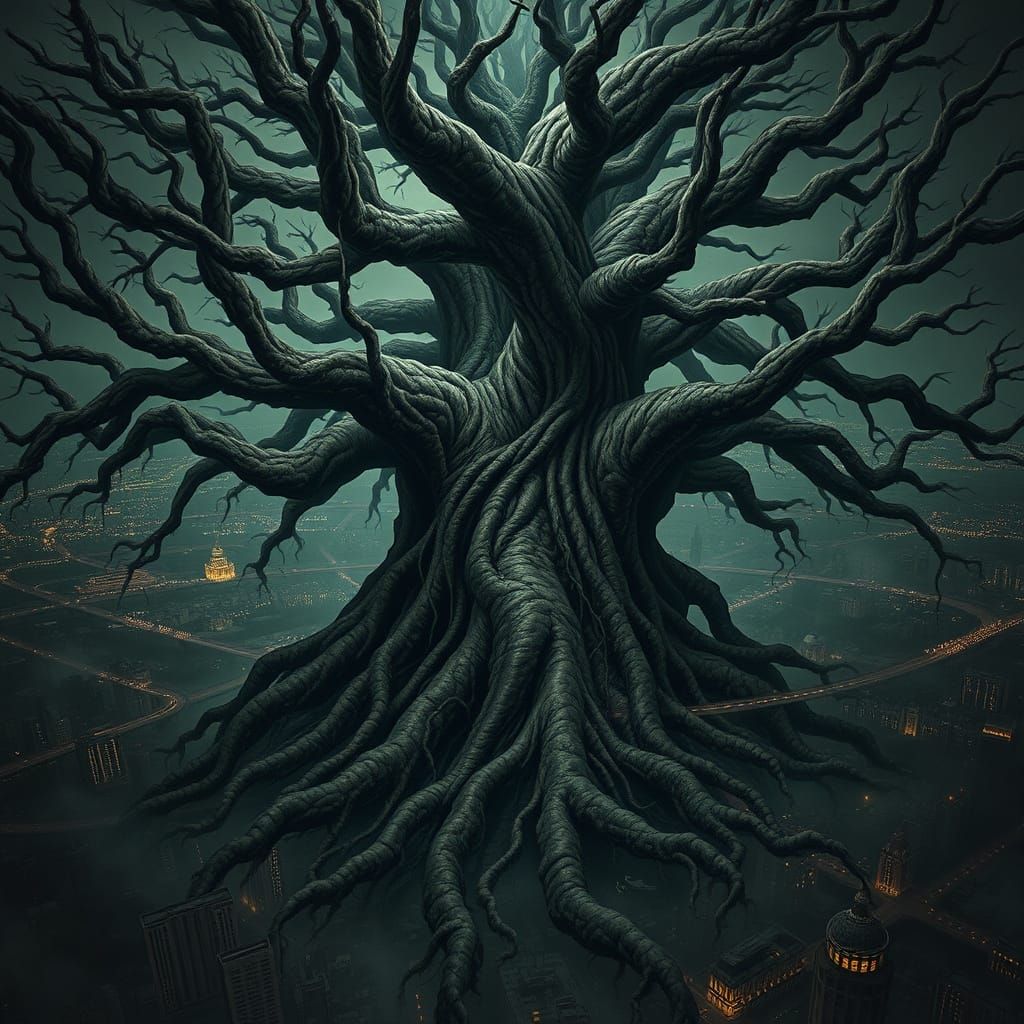 Colossal Tree Roots Encircle Cities in Dark Fantasy Style