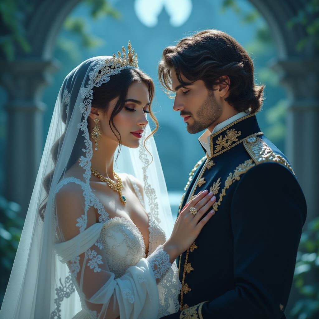 Ethereal Veil Reveals Enchanted Prince in Moonlit Garden